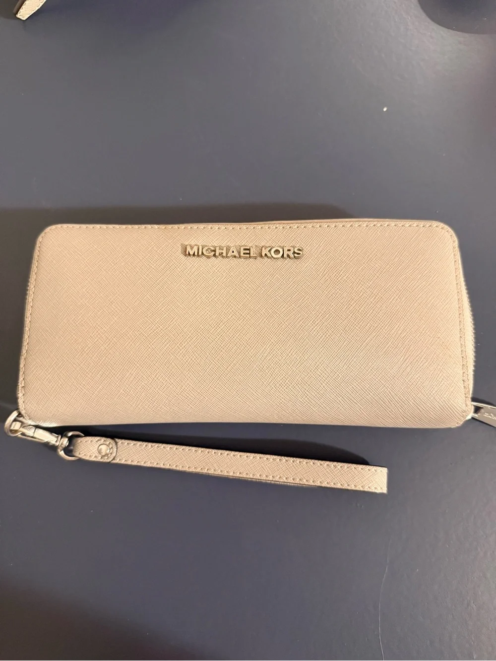 Michael Kors Beige Saffiano Zip Wristlet Wallet with Gold Logo